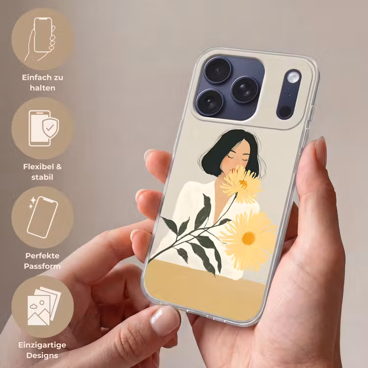 Vrouw - Bloem - Geel - Minimalistisch Telefoonhoesje iPhone 17 Pro klein -sfeer3_DE