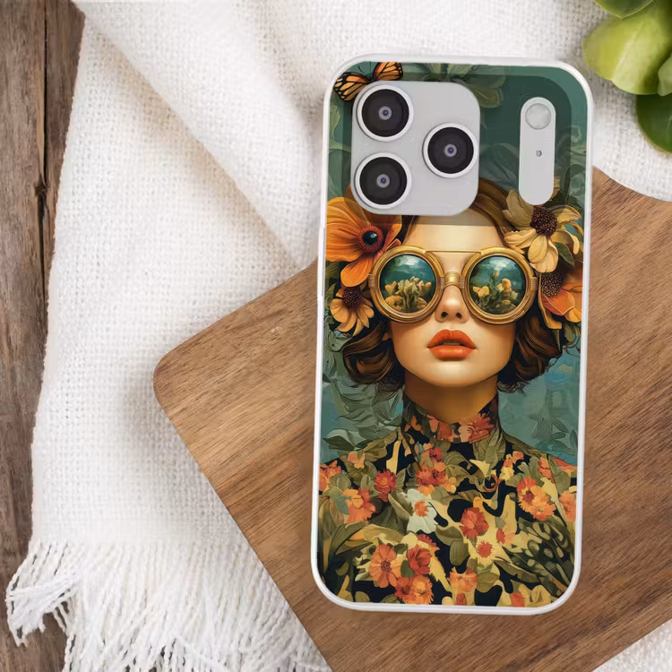 Vrouw - Bloemen - Vlinders - Natuur - Vintage Telefoonhoesje iPhone 17 Pro klein -sfeer1