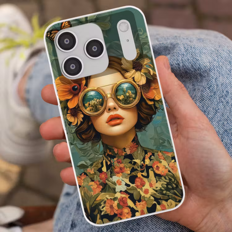 Vrouw - Bloemen - Vlinders - Natuur - Vintage Telefoonhoesje iPhone 17 Pro klein -sfeer2