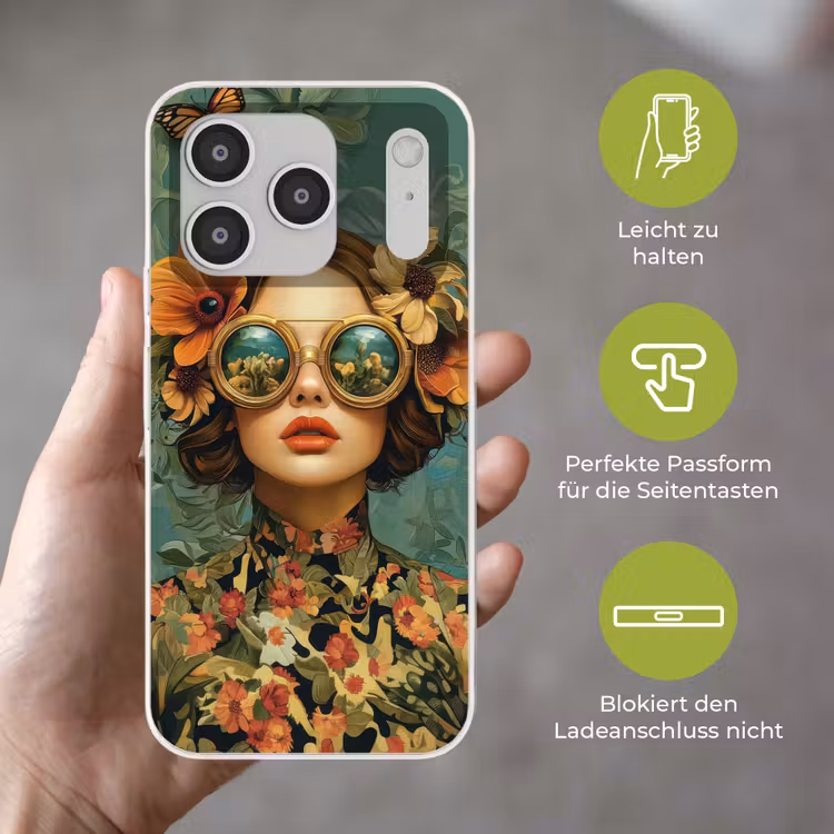 Vrouw - Bloemen - Vlinders - Natuur - Vintage Telefoonhoesje iPhone 17 Pro klein -sfeer3_DE