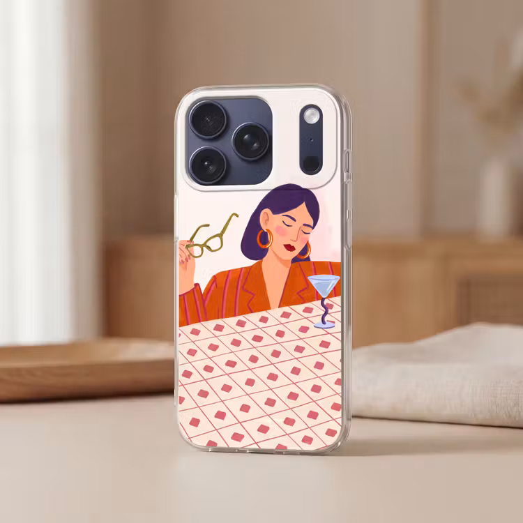Vrouw - Bril - Cocktail - Illustratie - Modern Telefoonhoesje iPhone 17 Pro klein -sfeer2