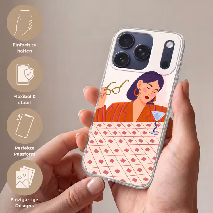 Vrouw - Bril - Cocktail - Illustratie - Modern Telefoonhoesje iPhone 17 Pro klein -sfeer3_DE