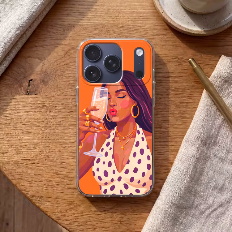 Vrouw - Champagne - Feest - Modern - Oranje Telefoonhoesje iPhone 17 Pro klein -sfeer1