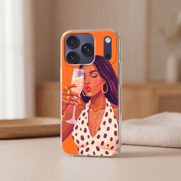 Vrouw - Champagne - Feest - Modern - Oranje Telefoonhoesje iPhone 17 Pro klein -sfeer2