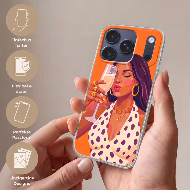 Vrouw - Champagne - Feest - Modern - Oranje Telefoonhoesje iPhone 17 Pro klein -sfeer3_DE