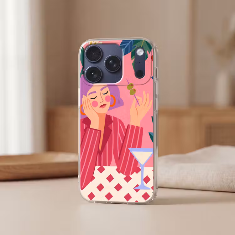 Vrouw - Cocktail - Bloemen - Modern - Roze Telefoonhoesje iPhone 17 Pro klein -sfeer2