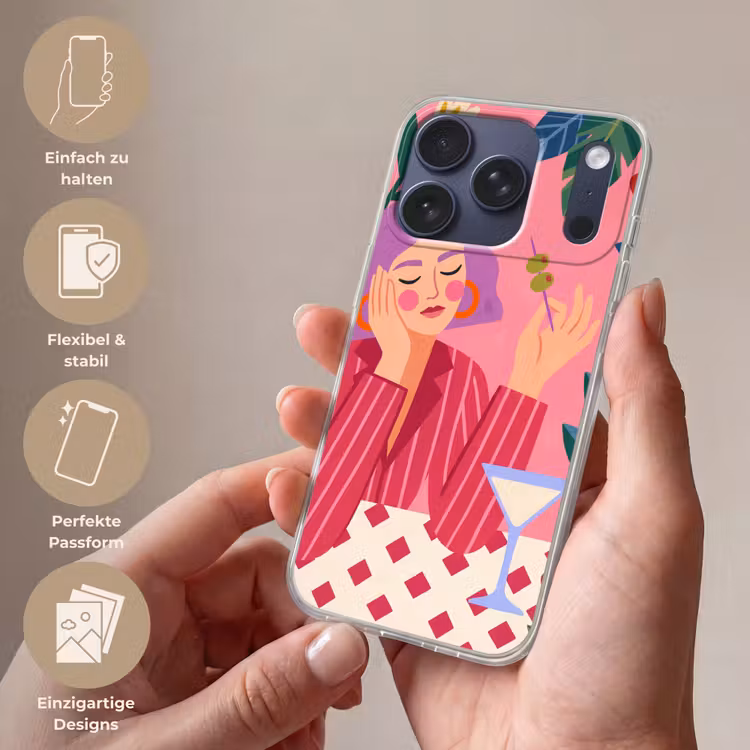 Vrouw - Cocktail - Bloemen - Modern - Roze Telefoonhoesje iPhone 17 Pro klein -sfeer3_DE