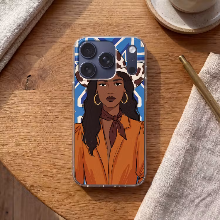 Vrouw - Cowboyhoed - Portret - Modern - Blauw Telefoonhoesje iPhone 17 Pro klein -sfeer1