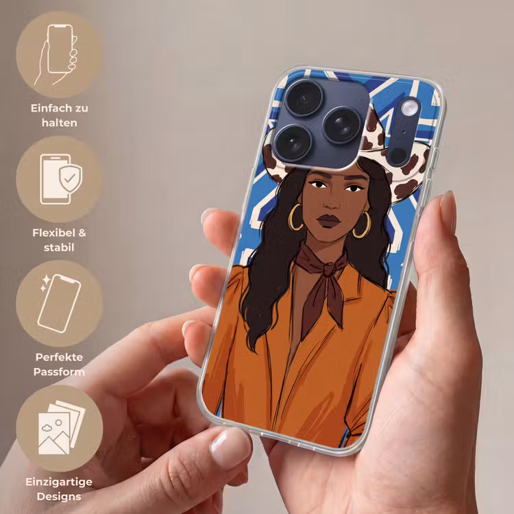 Vrouw - Cowboyhoed - Portret - Modern - Blauw Telefoonhoesje iPhone 17 Pro klein -sfeer3_DE