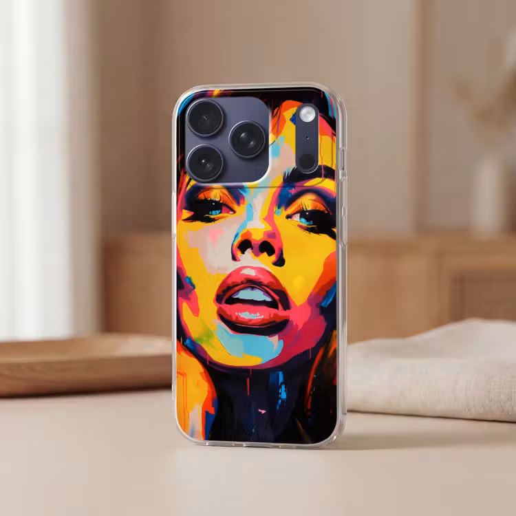 Vrouw - Gezicht - Kleurrijk Telefoonhoesje iPhone 17 Pro klein -sfeer2