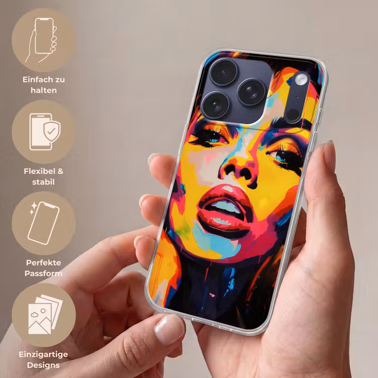 Vrouw - Gezicht - Kleurrijk Telefoonhoesje iPhone 17 Pro klein -sfeer3_DE