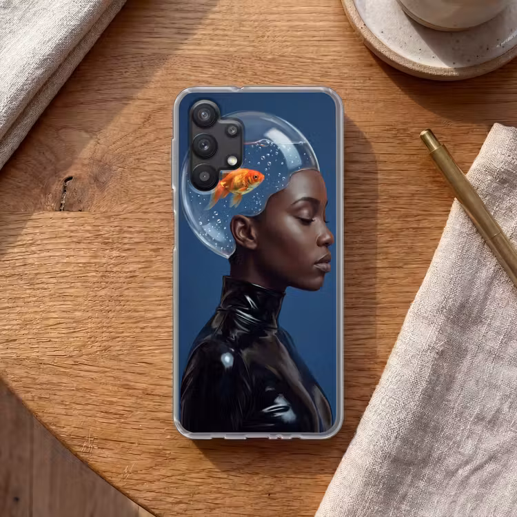 Vrouw - Goudvis - Hoofd - Abstract - Blauw Telefoonhoesje Samsung Galaxy A32 5G klein -sfeer1