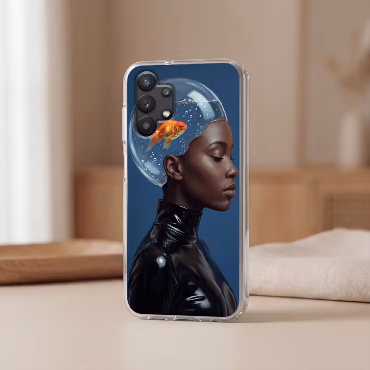 Vrouw - Goudvis - Hoofd - Abstract - Blauw Telefoonhoesje Samsung Galaxy A32 5G klein -sfeer2
