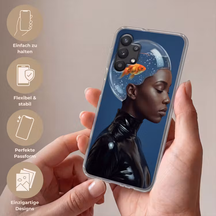 Vrouw - Goudvis - Hoofd - Abstract - Blauw Telefoonhoesje Samsung Galaxy A32 5G klein -sfeer3_DE