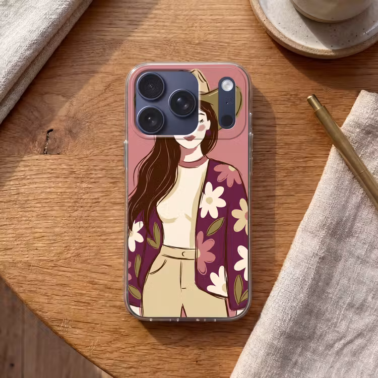 Vrouw - Hoed - Portret - Illustratie - Roze Telefoonhoesje iPhone 17 Pro klein -sfeer1