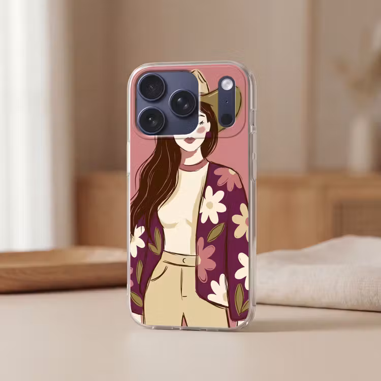 Vrouw - Hoed - Portret - Illustratie - Roze Telefoonhoesje iPhone 17 Pro klein -sfeer2