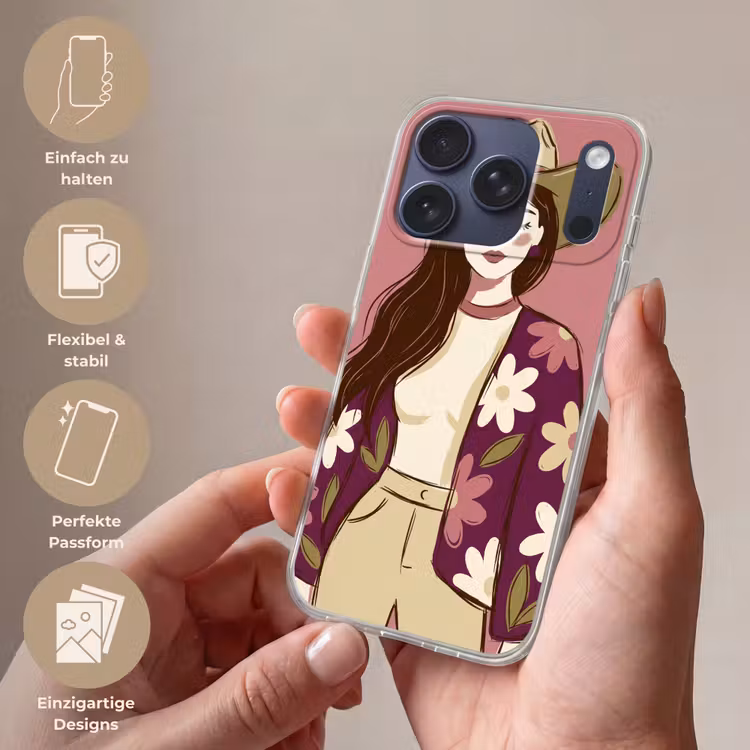 Vrouw - Hoed - Portret - Illustratie - Roze Telefoonhoesje iPhone 17 Pro klein -sfeer3_DE