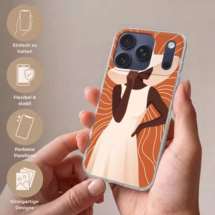 Vrouw - Hoed - Portret - Modern - Beige Telefoonhoesje iPhone 17 Pro klein -sfeer3_DE