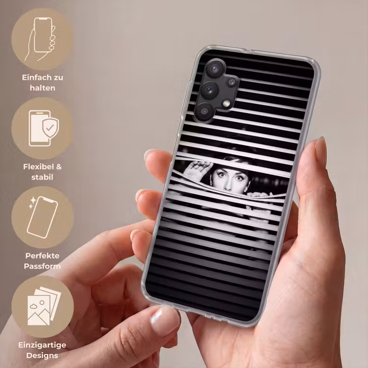 Vrouw - Jaloezieën - Portret - Zwart-wit Telefoonhoesje Samsung Galaxy A32 5G klein -sfeer3_DE