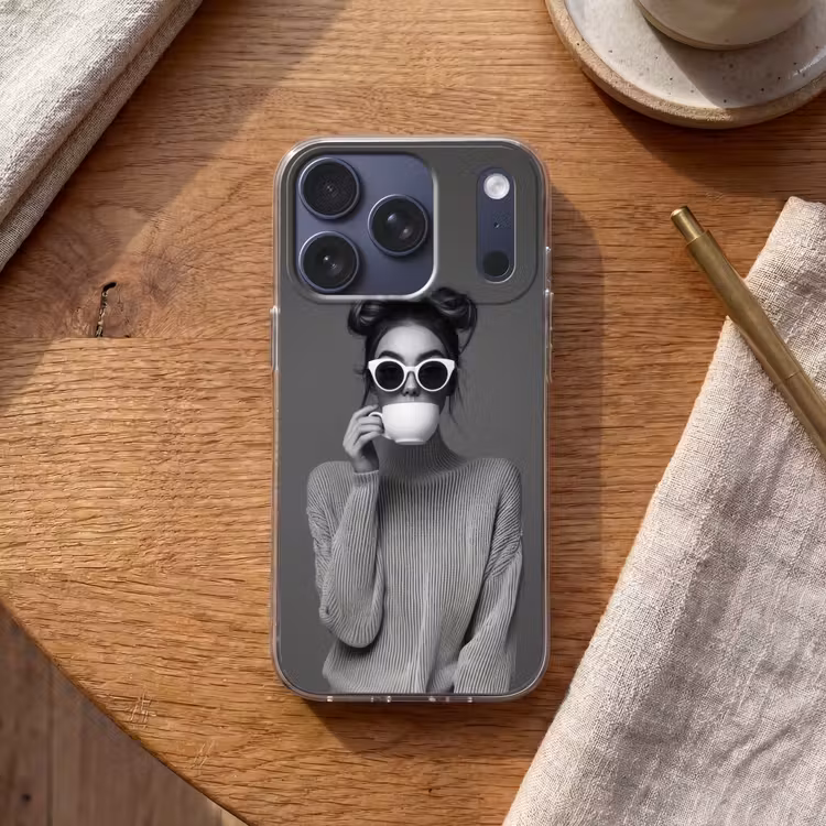 Vrouw - Koffie - Zwart - Wit Telefoonhoesje iPhone 17 Pro klein -sfeer1