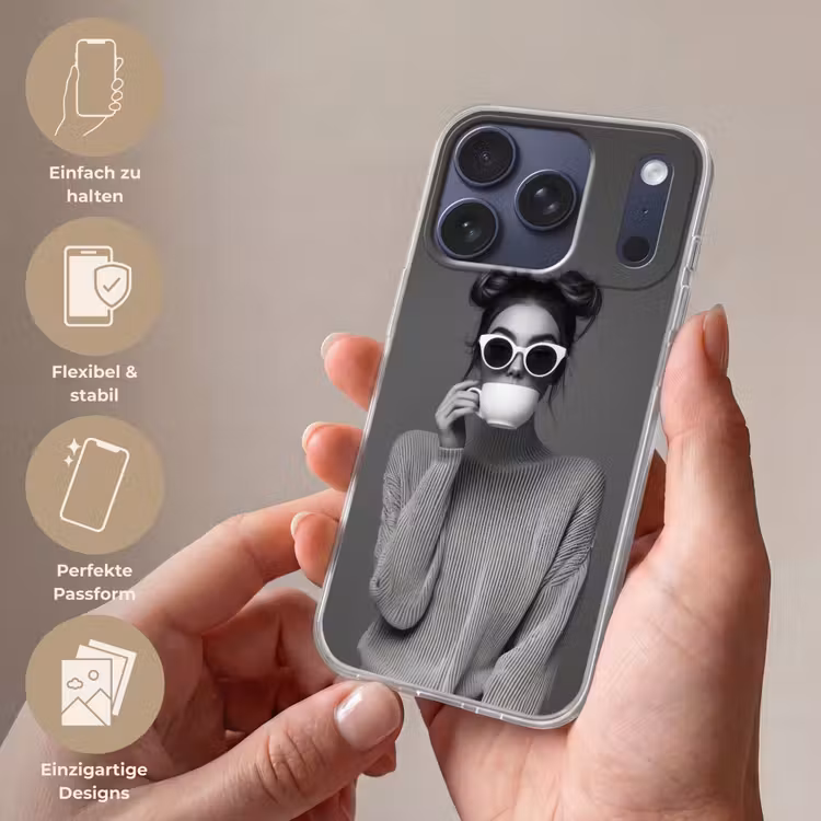Vrouw - Koffie - Zwart - Wit Telefoonhoesje iPhone 17 Pro klein -sfeer3_DE