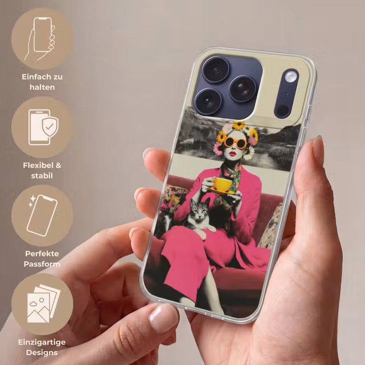 Vrouw - Kat - Bloemen - Kopje - Retro Telefoonhoesje iPhone 17 Pro klein -sfeer3_DE