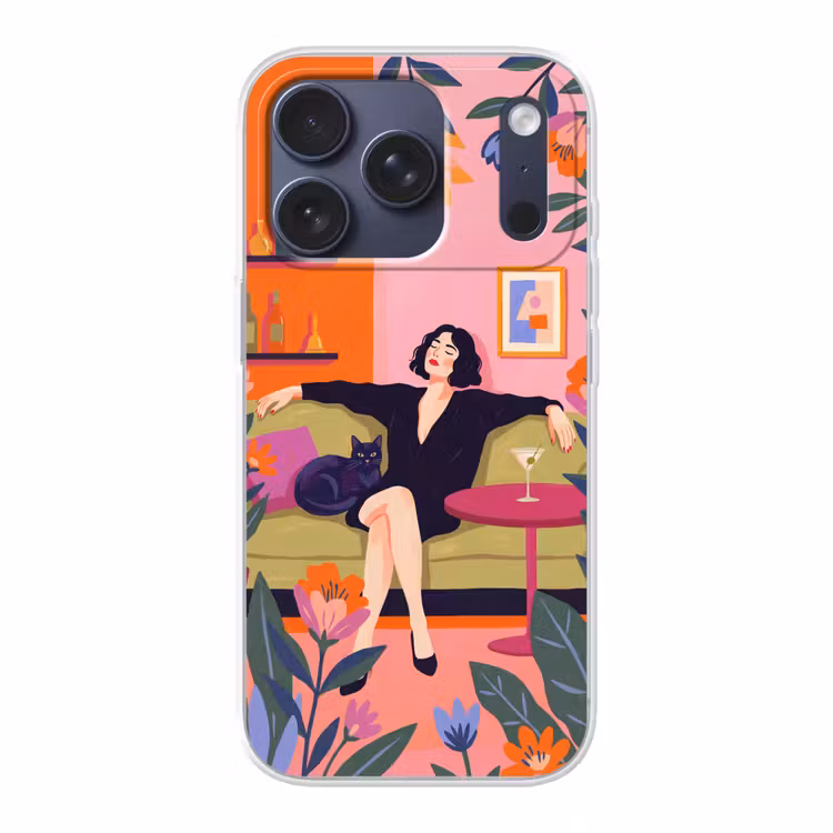 Vrouw - Kat - Interieur - Modern - Kleurrijk Telefoonhoesje iPhone 17 Pro klein -3d