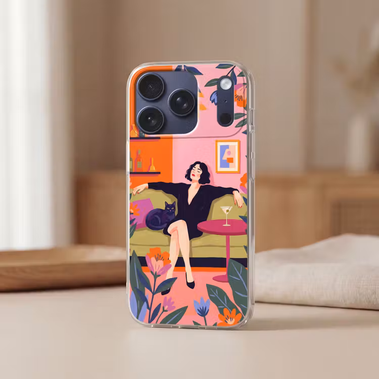 Vrouw - Kat - Interieur - Modern - Kleurrijk Telefoonhoesje iPhone 17 Pro klein -sfeer2