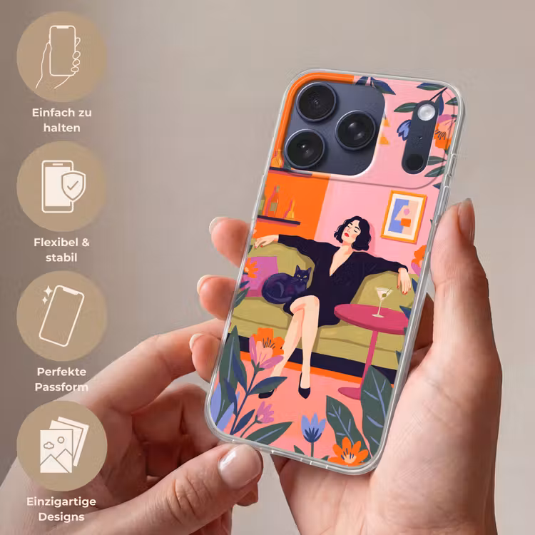 Vrouw - Kat - Interieur - Modern - Kleurrijk Telefoonhoesje iPhone 17 Pro klein -sfeer3_DE