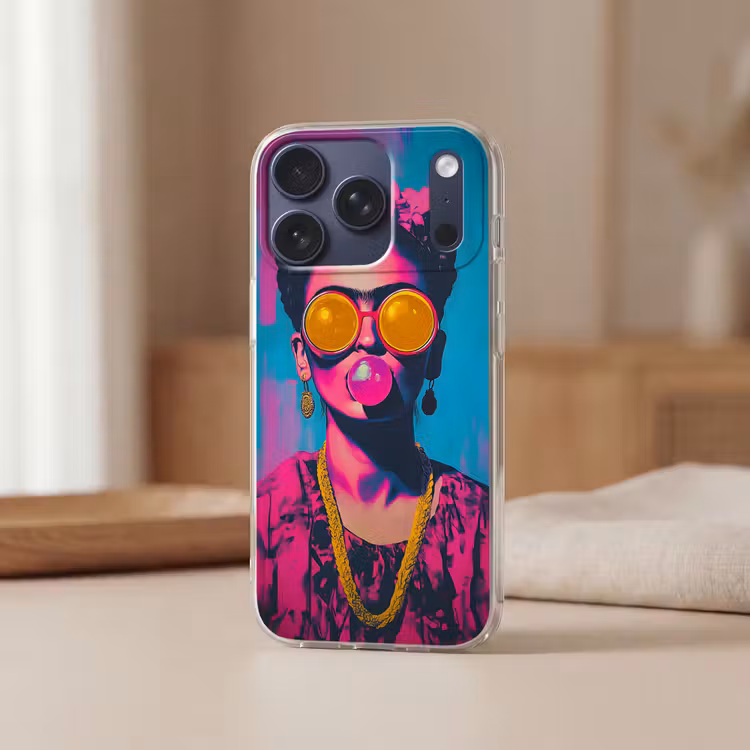 Vrouw - Kauwgom - Zonnebril - Oranje Telefoonhoesje iPhone 17 Pro klein -sfeer2