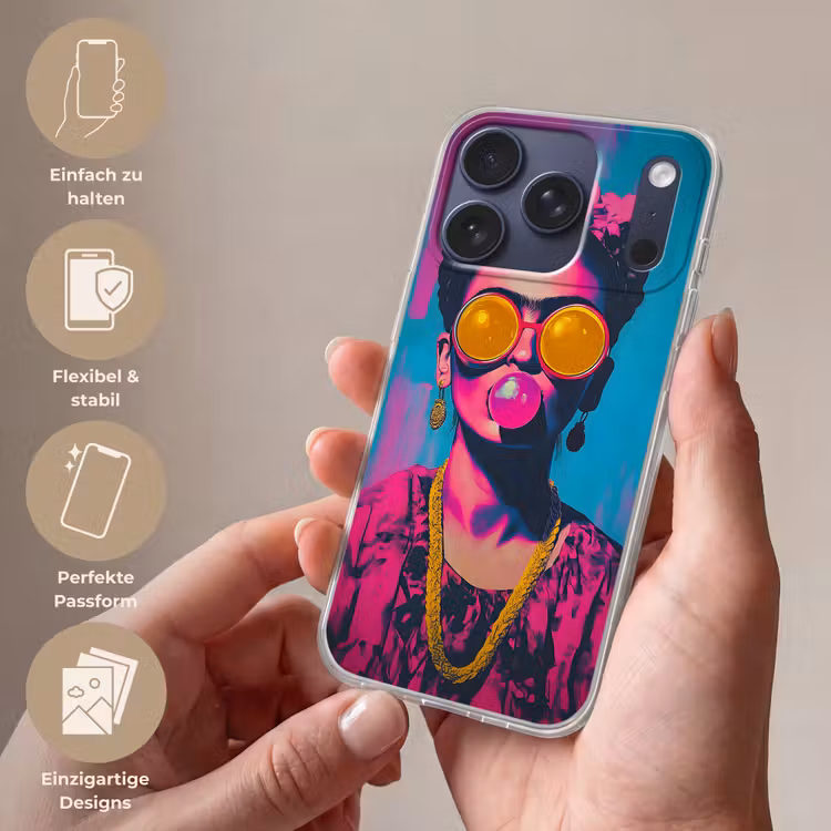 Vrouw - Kauwgom - Zonnebril - Oranje Telefoonhoesje iPhone 17 Pro klein -sfeer3_DE