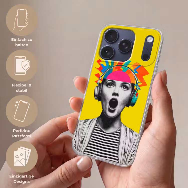 Vrouw - Koptelefoon - Geel Telefoonhoesje iPhone 17 Pro klein -sfeer3_DE