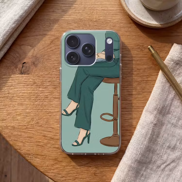 Vrouw - Laptop - Zittend - Illustratie - Groen Telefoonhoesje iPhone 17 Pro klein -sfeer1