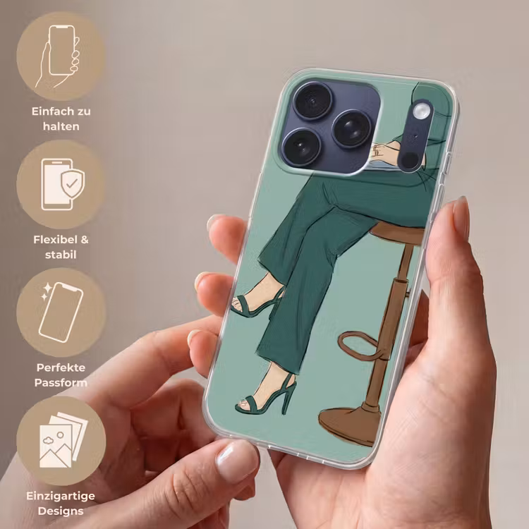 Vrouw - Laptop - Zittend - Illustratie - Groen Telefoonhoesje iPhone 17 Pro klein -sfeer3_DE