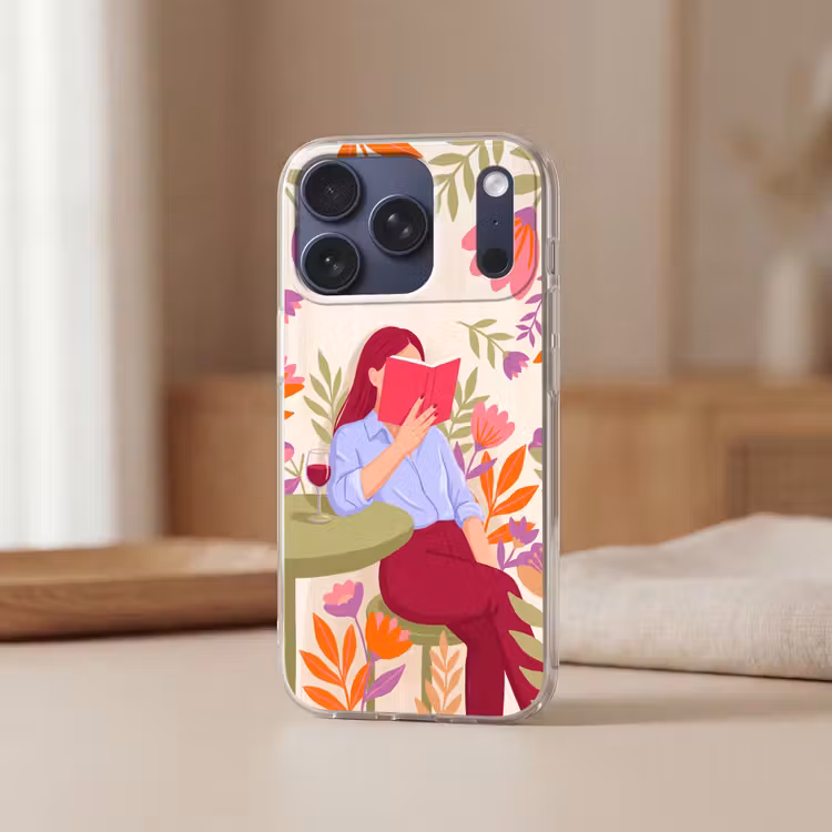 Vrouw - Lezen - Thuis - Modern - Bloemen Telefoonhoesje iPhone 17 Pro klein -sfeer2