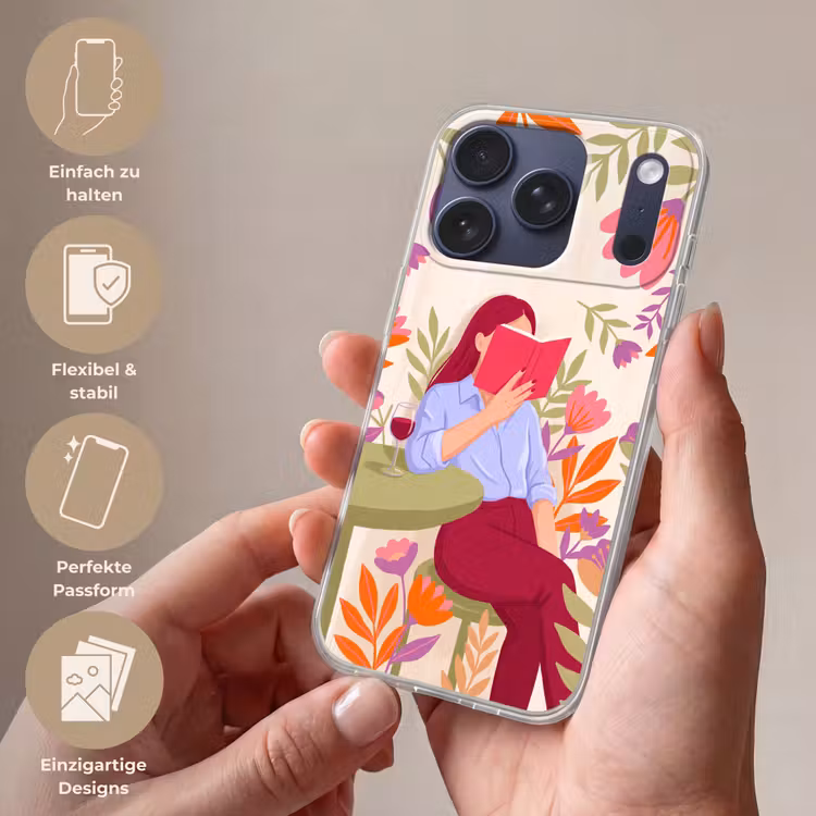 Vrouw - Lezen - Thuis - Modern - Bloemen Telefoonhoesje iPhone 17 Pro klein -sfeer3_DE