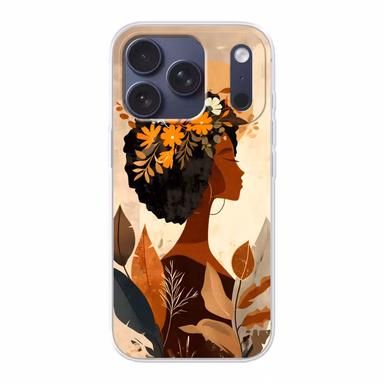 Vrouw - Krullen - Bloemen - Beige Telefoonhoesje iPhone 17 Pro klein -3d