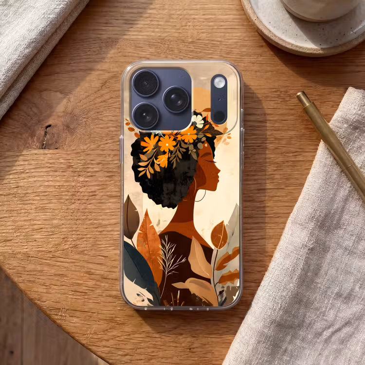 Vrouw - Krullen - Bloemen - Beige Telefoonhoesje iPhone 17 Pro klein -sfeer1