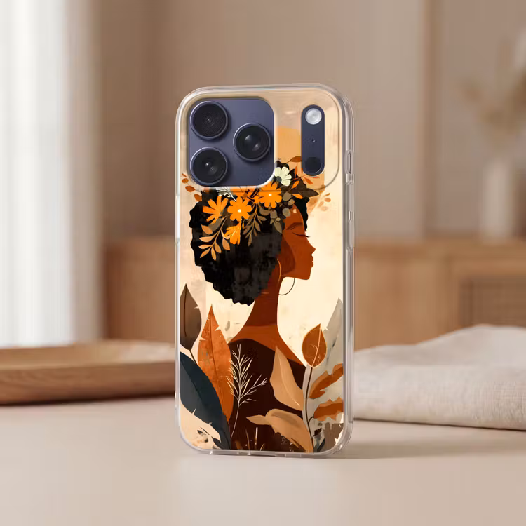 Vrouw - Krullen - Bloemen - Beige Telefoonhoesje iPhone 17 Pro klein -sfeer2