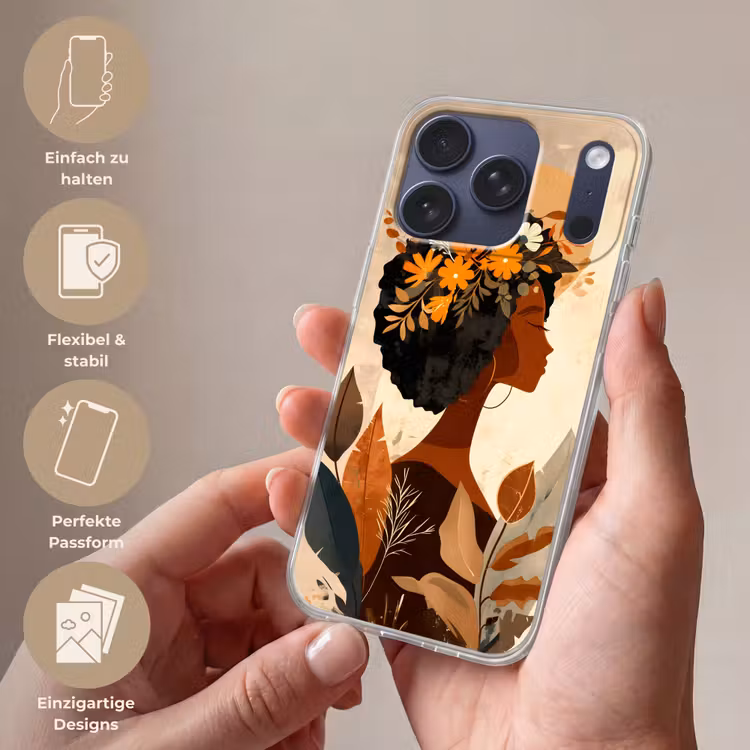 Vrouw - Krullen - Bloemen - Beige Telefoonhoesje iPhone 17 Pro klein -sfeer3_DE