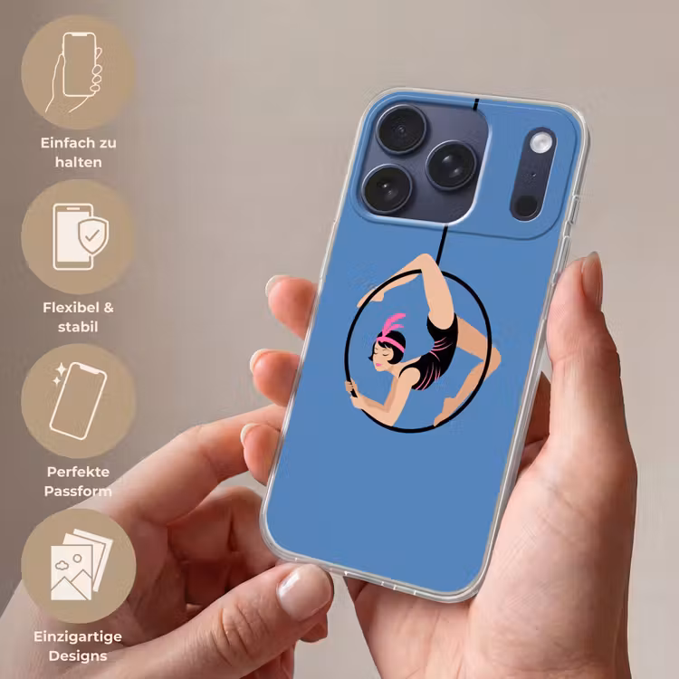 Vrouw - Aerial hoop - Art deco - Illustratie - Blauw Telefoonhoesje iPhone 17 Pro klein -sfeer3_DE