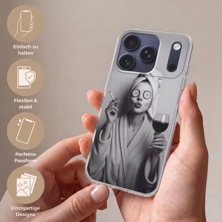 Vrouw - Masker - Wijn - Sigaret Telefoonhoesje iPhone 17 Pro klein -sfeer3_DE