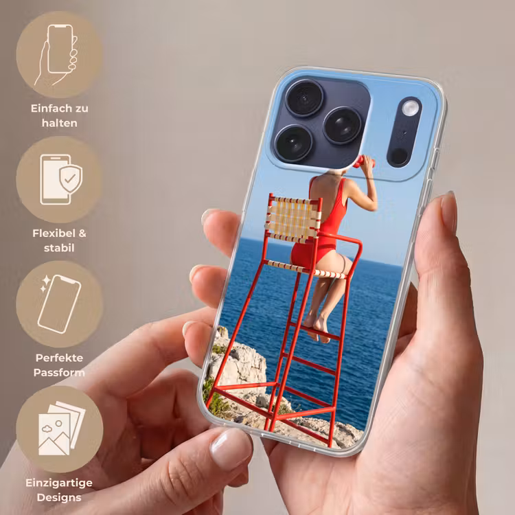 Vrouw - Zee - Kust - Verrekijker - Rood Telefoonhoesje iPhone 17 Pro klein -sfeer3_DE