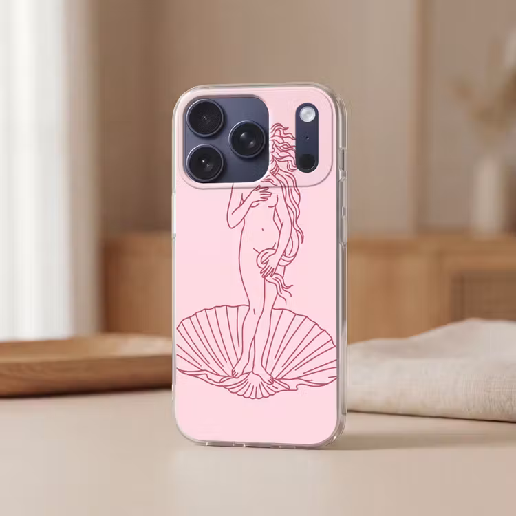 Vrouw - Schelp - Kunst - Lijntekening - Roze Telefoonhoesje iPhone 17 Pro klein -sfeer2