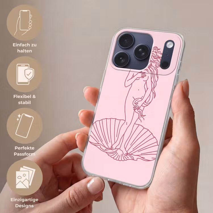 Vrouw - Schelp - Kunst - Lijntekening - Roze Telefoonhoesje iPhone 17 Pro klein -sfeer3_DE