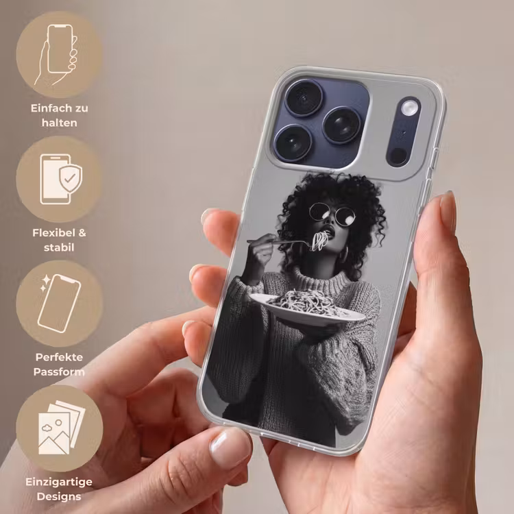 Vrouw - Pasta - Zwart - Wit Telefoonhoesje iPhone 17 Pro klein -sfeer3_DE