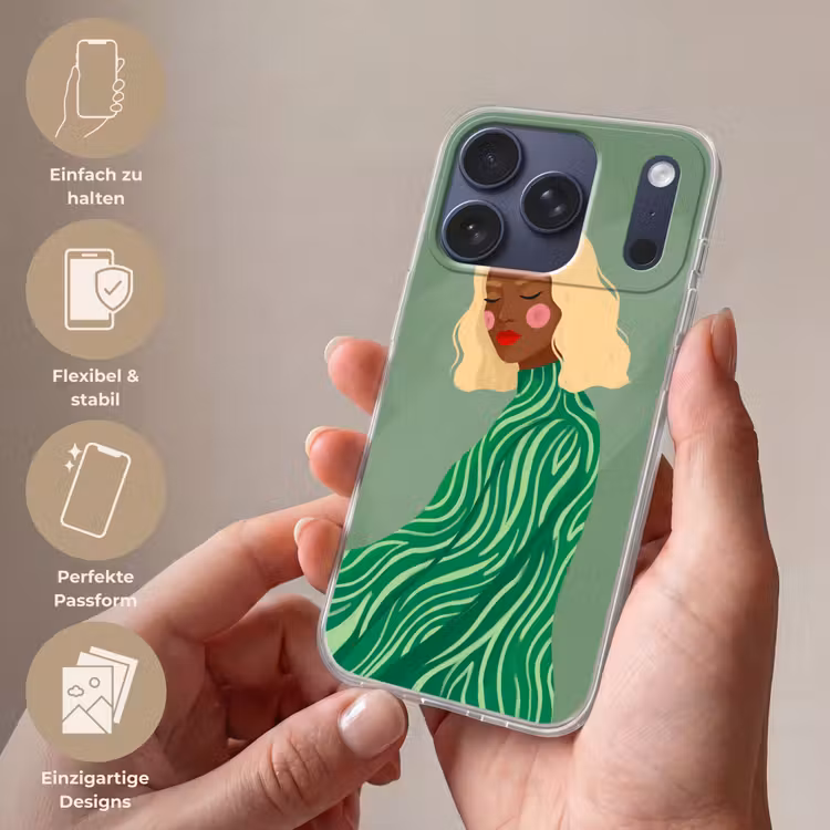 Vrouw - Portret - Illustratie - Modern - Groen Telefoonhoesje iPhone 17 Pro klein -sfeer3_DE