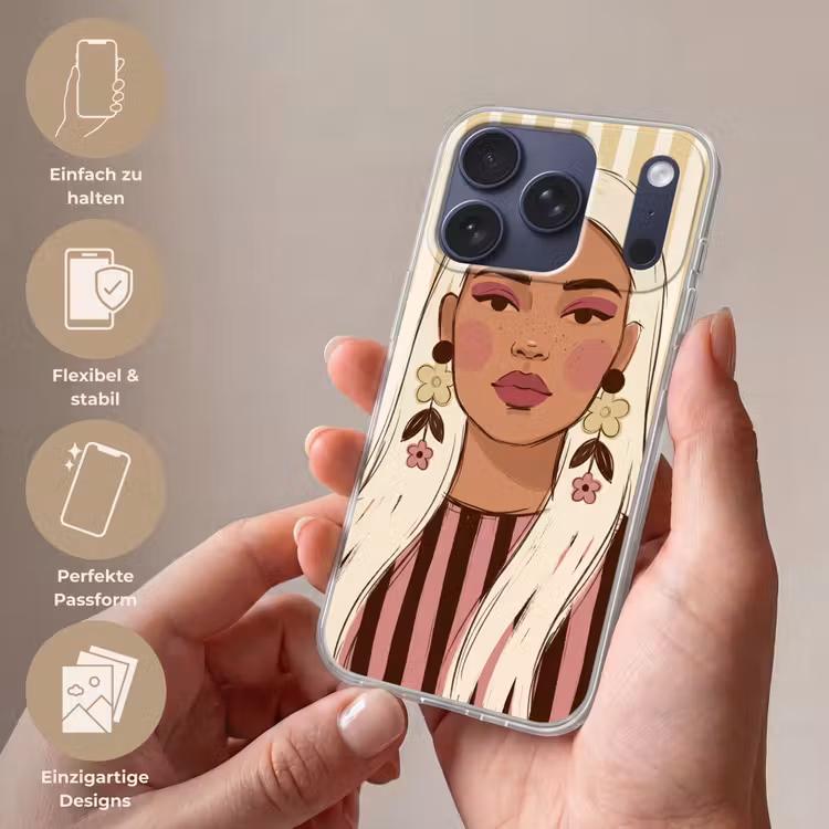 Vrouw - Portret - Illustratie - Modern - Roze Telefoonhoesje iPhone 17 Pro klein -sfeer3_DE