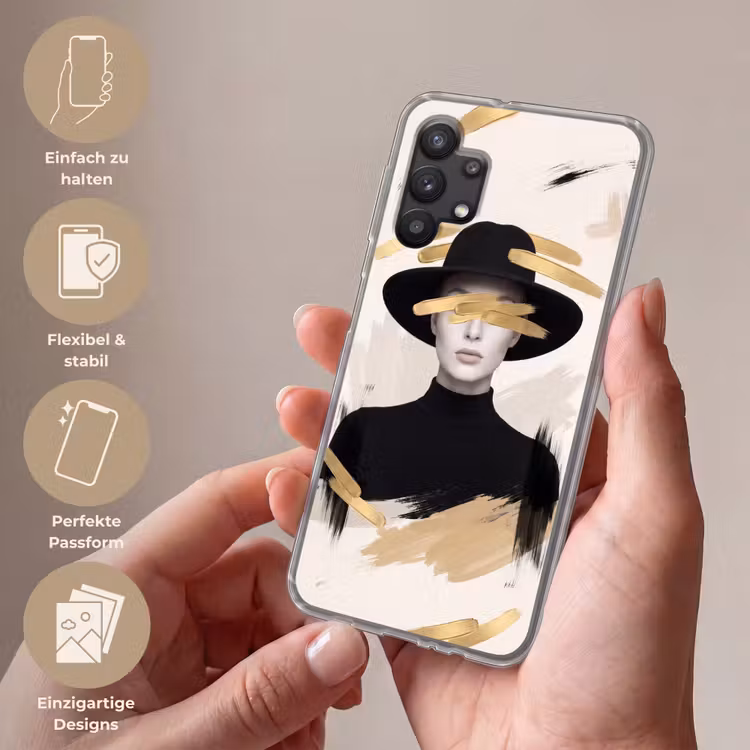 Vrouw - Portret - Modern - Goud - Kunst Telefoonhoesje Samsung Galaxy A32 5G klein -sfeer3_DE