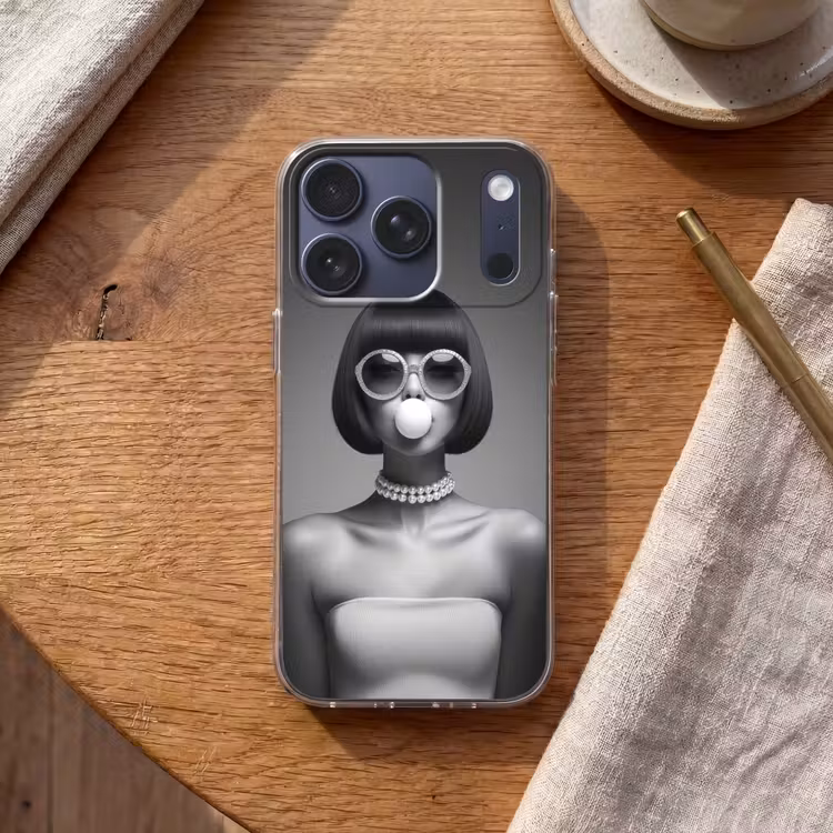 Vrouw - Zwart Wit - Ketting - Zonnebril Telefoonhoesje iPhone 17 Pro klein -sfeer1